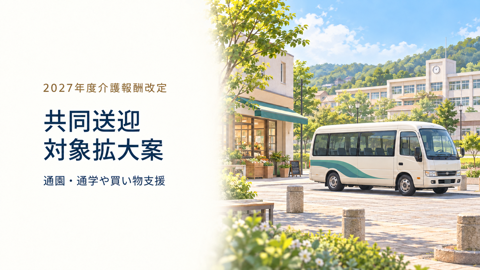 学校や店舗のある地域に停車した小型バスのイメージと、「2027年度介護報酬改定」「共同送迎 対象拡大案」「通園・通学や買い物支援」の文字を配置した画像。