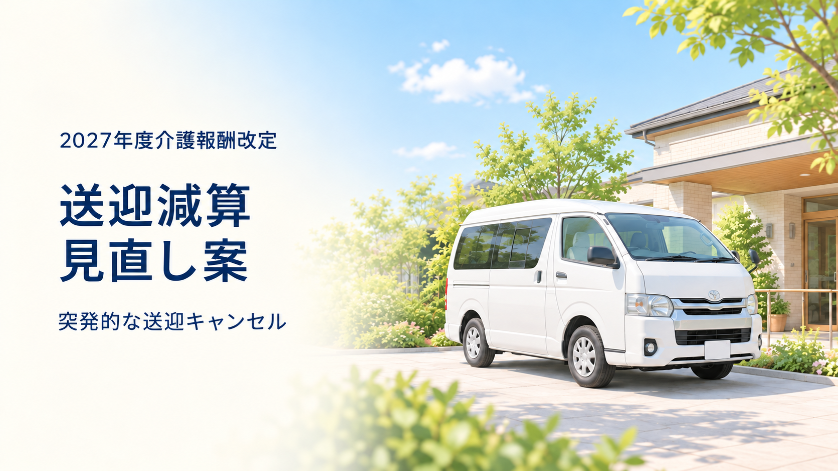 住宅前に停車した白い送迎車のイメージを背景に、「2027年度介護報酬改定」「送迎減算 見直し案」「突発的な送迎キャンセル」と表示した画像。
