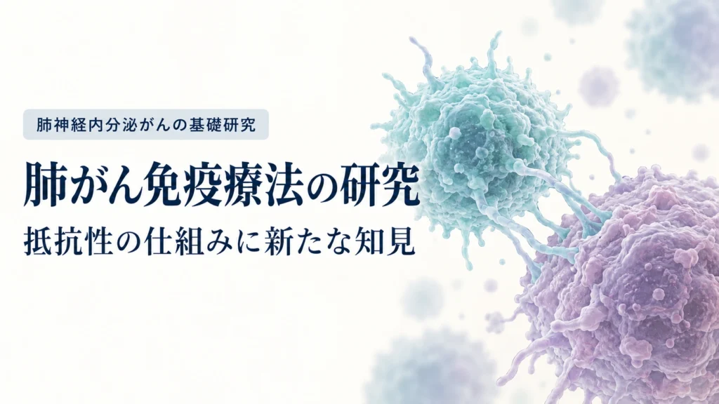 肺神経内分泌がんの基礎研究と免疫療法への抵抗性を伝える、淡い青と紫の細胞を描いた概念イラスト