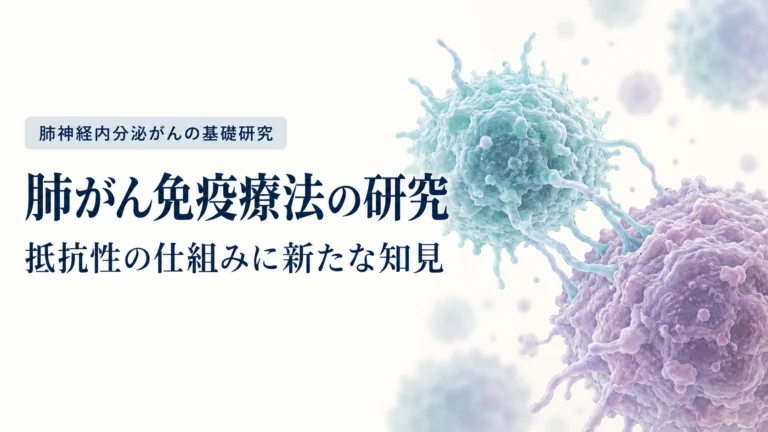 肺神経内分泌がんの基礎研究と免疫療法への抵抗性を伝える、淡い青と紫の細胞を描いた概念イラスト