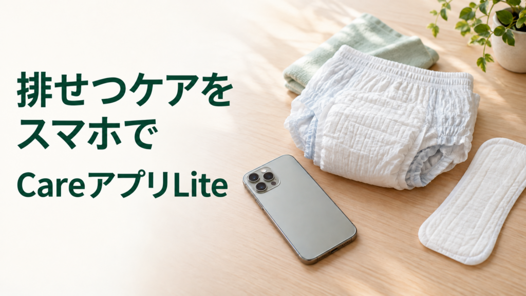 木のテーブルにスマートフォンと大人用紙おむつ、吸収パッドを置いた実写風イメージに、「排せつケアをスマホで」「CareアプリLite」と記した画像。実際のアプリ画面や同社製品を撮影した写真ではない。