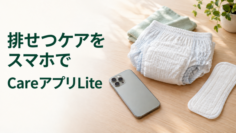 木のテーブルにスマートフォンと大人用紙おむつ、吸収パッドを置いた実写風イメージに、「排せつケアをスマホで」「CareアプリLite」と記した画像。実際のアプリ画面や同社製品を撮影した写真ではない。