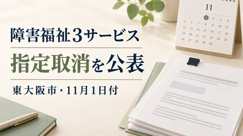 東大阪市の障害福祉サービス指定取消を伝える書類とカレンダーのイラスト