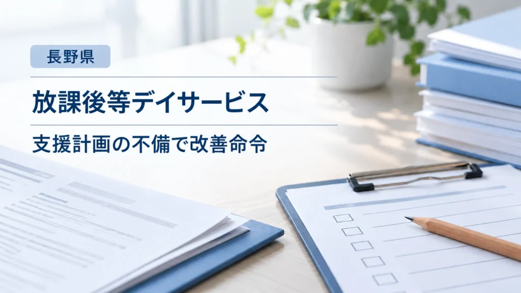 支援計画の書類とチェックリストを配した、長野県の放課後等デイサービス改善命令のイメージ