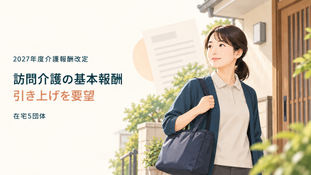 住宅の玄関前に立つ訪問介護員のイラストに、「訪問介護の基本報酬 引き上げを要望」「在宅5団体」と記したニュース画像。