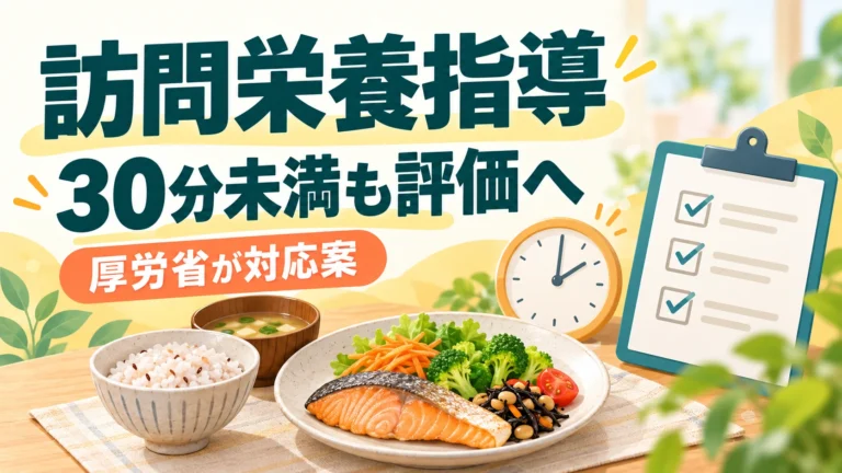 魚と野菜の食事、時計、チェックリストを添え、訪問栄養指導の30分未満評価案を伝える画像