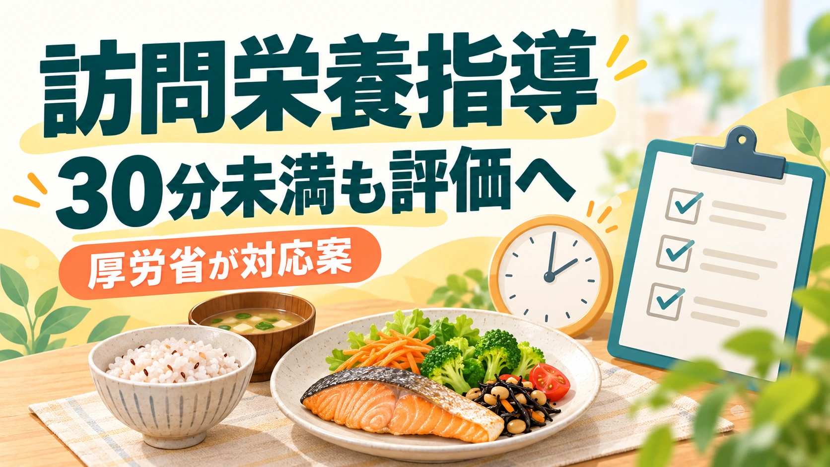 魚と野菜の食事、時計、チェックリストを添え、訪問栄養指導の30分未満評価案を伝える画像