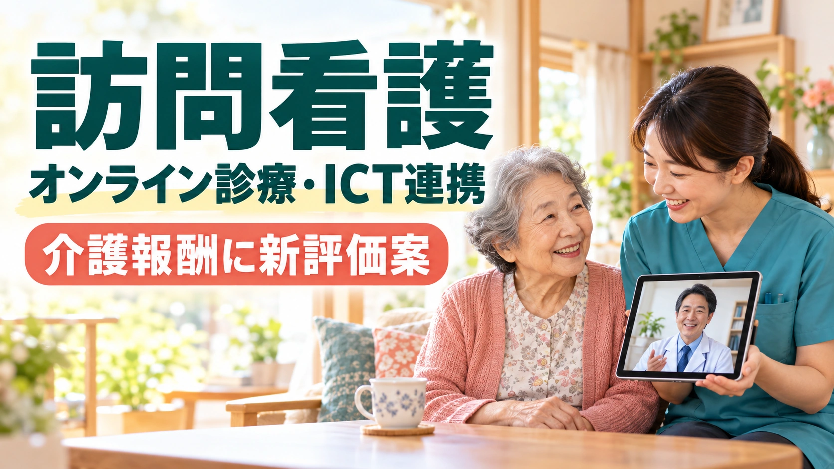 自宅の高齢女性に寄り添う訪問看護師と医師が映るタブレットを描き、オンライン診療・ICT連携の新評価案を伝える画像