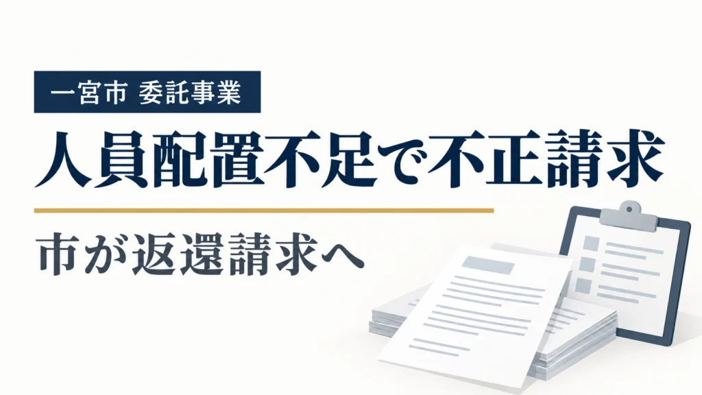 一宮市の介護予防委託事業での不正請求と約20万円の返還請求見込みを伝える、書類を配したニュース画像