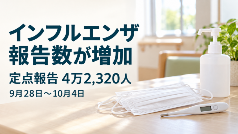 マスク、手指消毒ボトル、体温計を背景に「インフルエンザ 報告数が増加」「定点報告4万2,320人」「9月28日～10月4日」と表示した画像