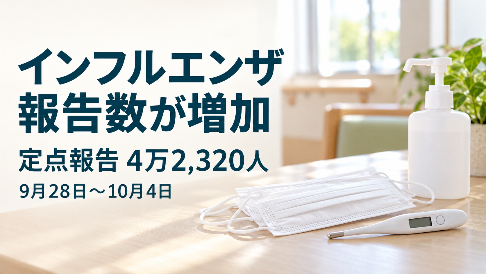 マスク、手指消毒ボトル、体温計を背景に「インフルエンザ 報告数が増加」「定点報告4万2,320人」「9月28日～10月4日」と表示した画像