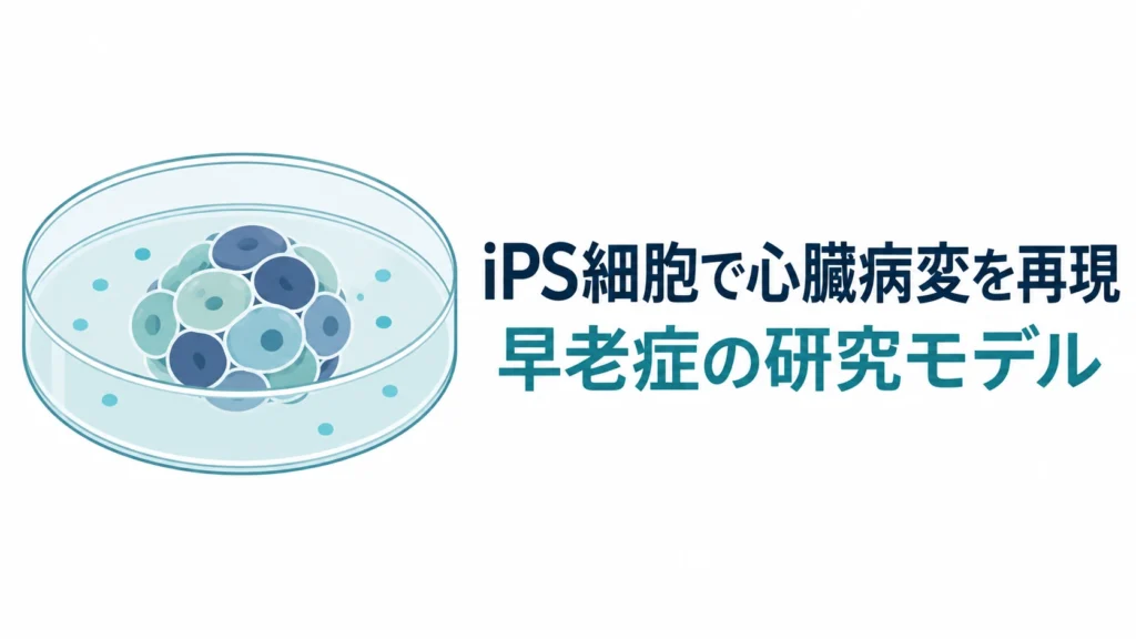 iPS細胞由来の立体心臓組織を使った早老症研究を表す培養皿と細胞の概念図