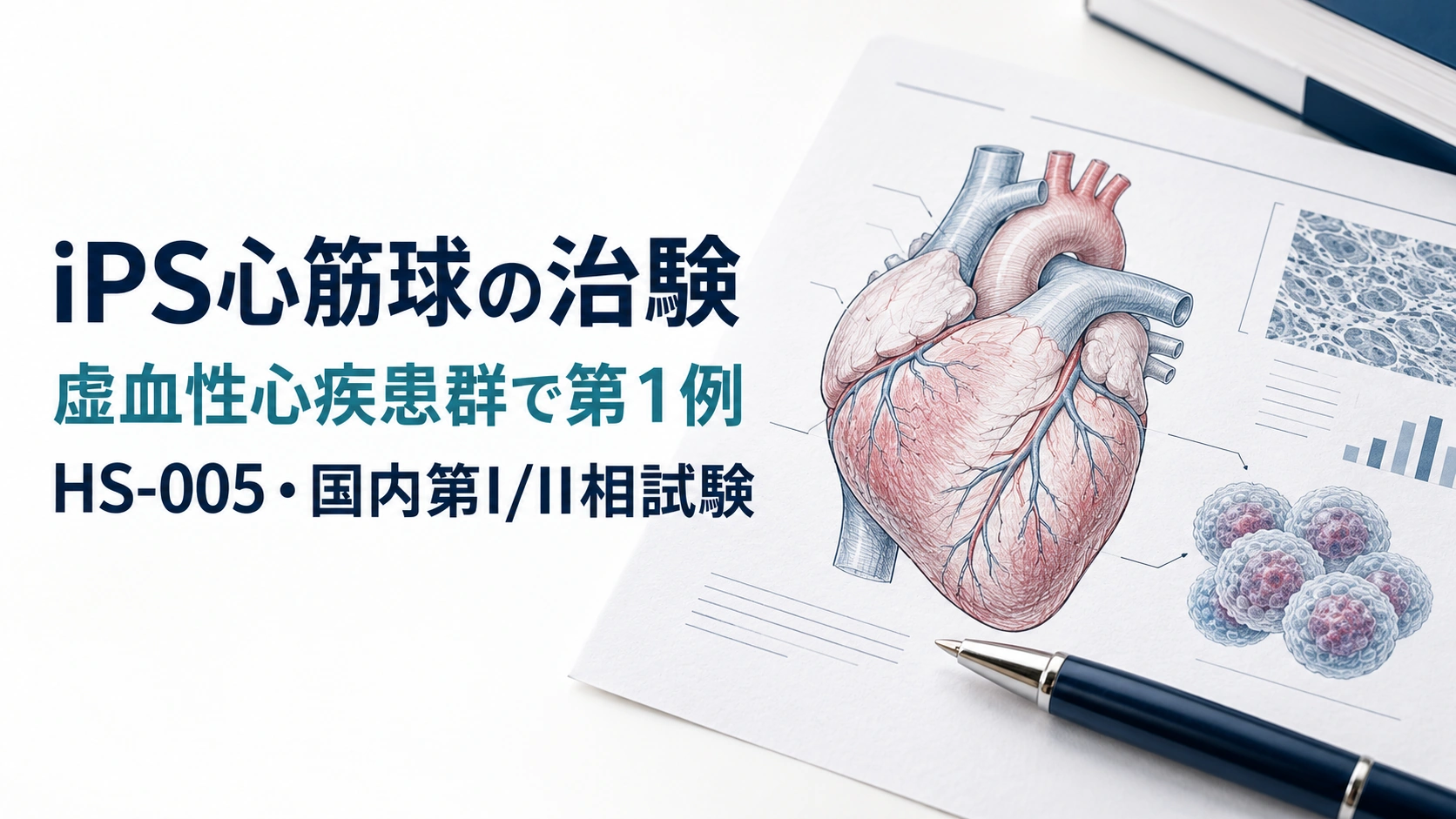 HS-005のiPS心筋球治験を伝える心臓と細胞の概念イメージ。書類上のグラフは実際の治験データではない。