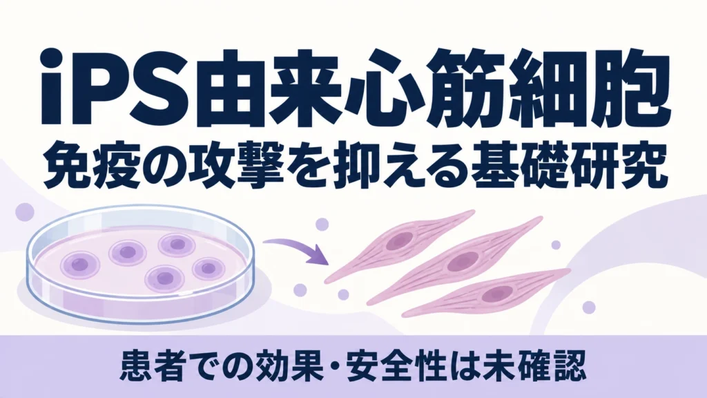 iPS由来心筋細胞への免疫細胞の攻撃を抑えるTAPBP研究を伝える概念図。培養実験のイメージで、実際の細胞画像や治療製品ではない。