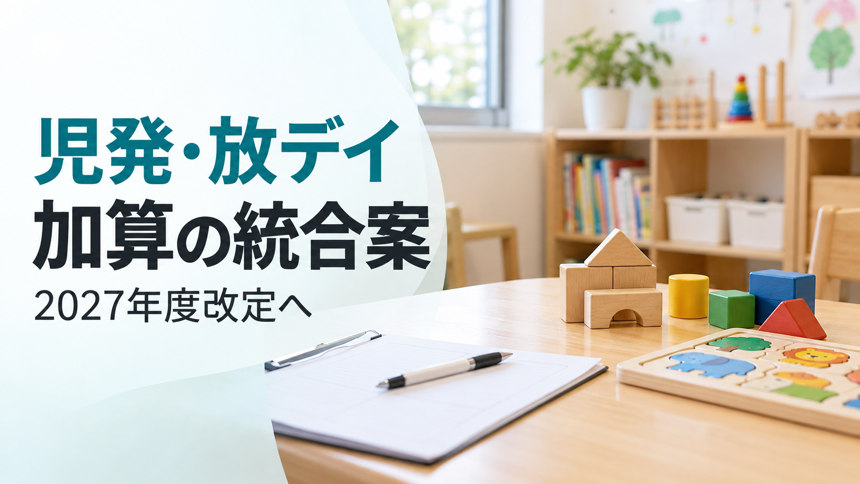 児発・放デイの加算統合案を伝える画像。明るい支援室をイメージした机に教材と記録用紙を置き、「2027年度改定へ」と記している