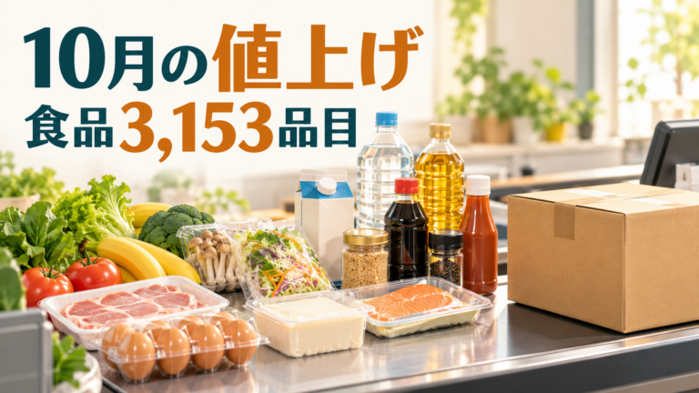 食品や飲料、調味料、配送用の箱を並べ、「10月の値上げ」「食品3,153品目」と記したニュース画像