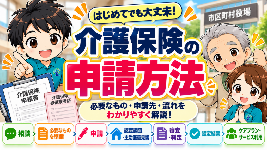 介護保険の申請方法と必要なもの・申請先・認定までの流れをわかりやすく解説するイラスト