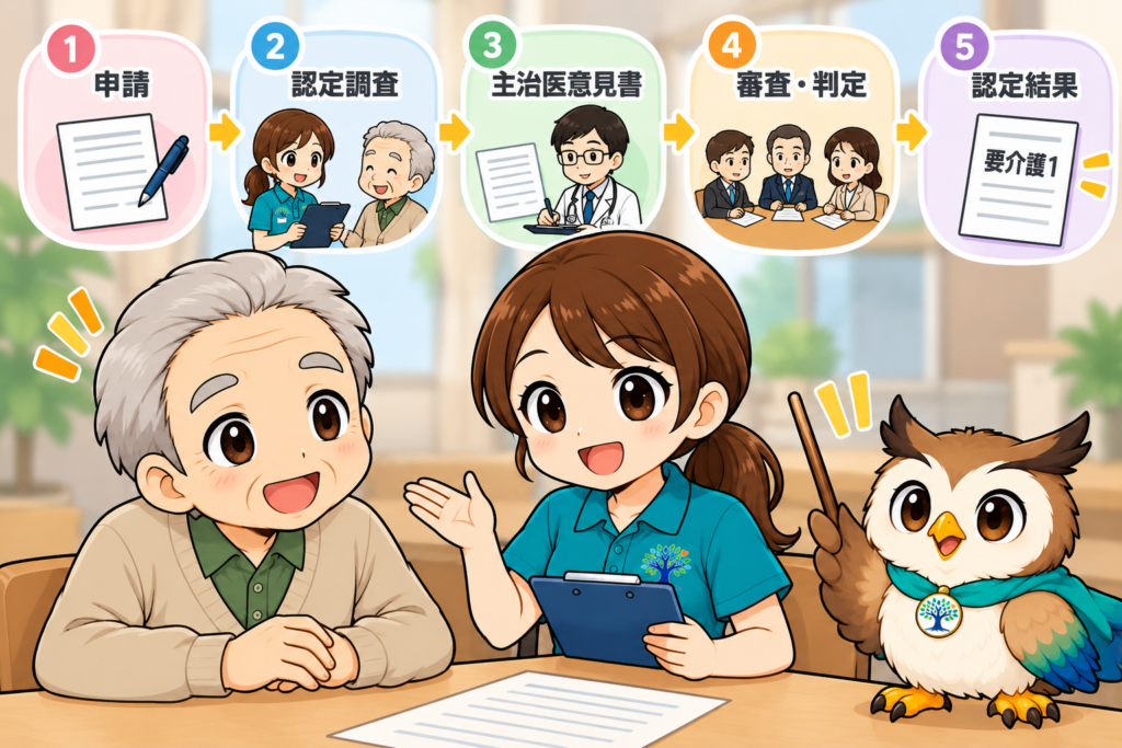 介護保険の申請から認定調査、主治医意見書、審査・判定、認定結果までの流れを示した図