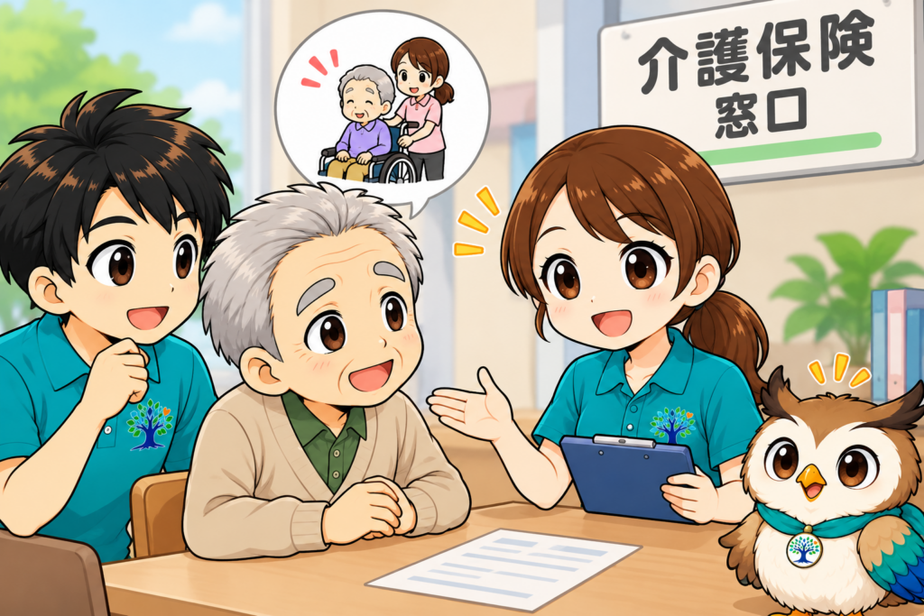 介護保険の申請や相談について市区町村の窓口で相談する高齢者と家族のイラスト