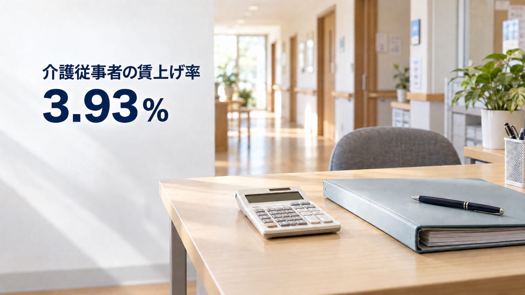 介護施設の事務室をイメージした写真風の背景に、「介護従事者の賃上げ率 3.93％」と記した画像