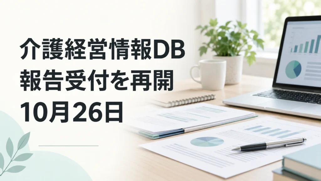 介護経営情報DBの報告受付再開を伝える、書類とパソコンのイメージ。