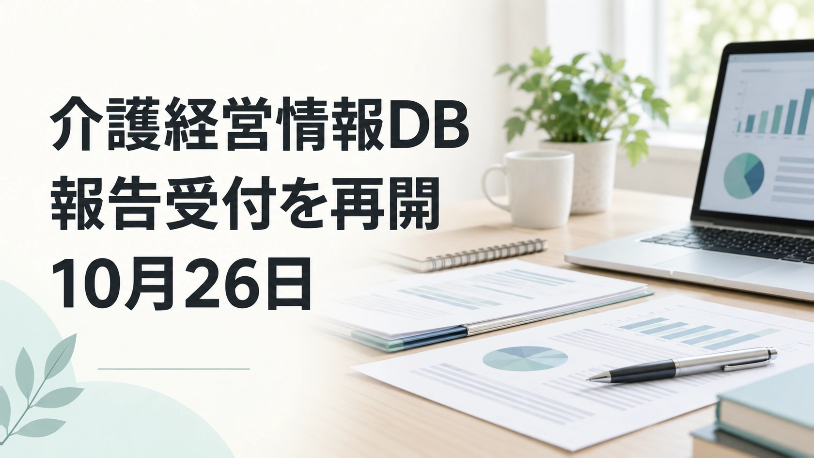 介護経営情報DBの報告受付再開を伝える、書類とパソコンのイメージ。