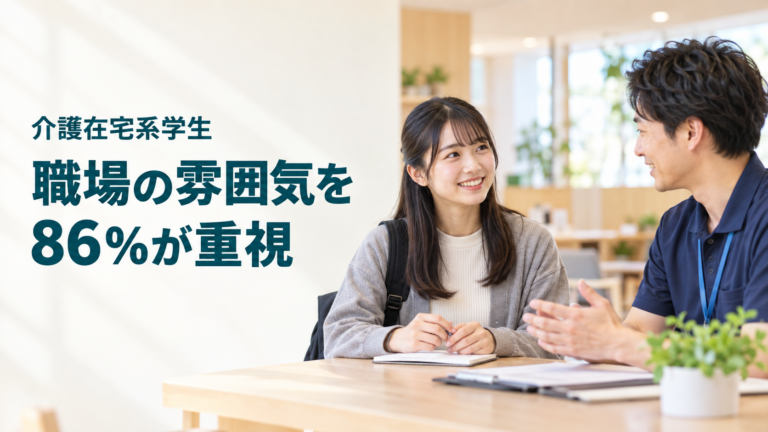 明るい介護施設内で学生と職員が話す実写風のイメージに、「介護在宅系学生」「職場の雰囲気を86％が重視」と記した画像。実際の調査会場や回答者を撮影したものではない。