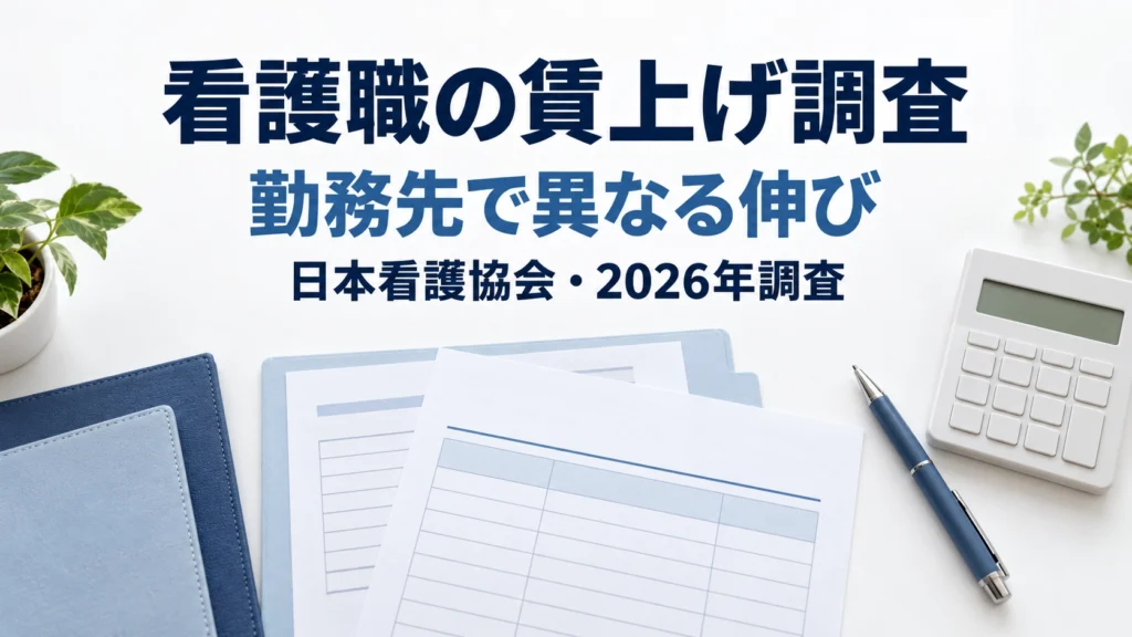 書類、電卓、筆記具のイメージに「看護職の賃上げ調査」「勤務先で異なる伸び」「日本看護協会・2026年調査」と記した画像。実際の給与資料を撮影したものではない。