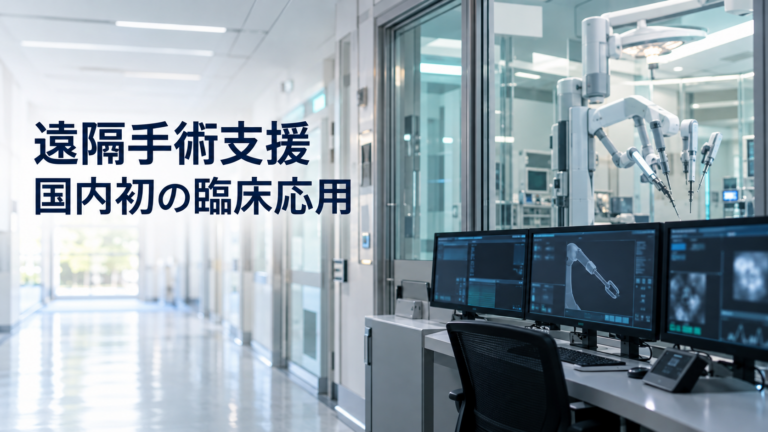 病院の操作室と手術支援機器をイメージした写真風画像に、「遠隔手術支援 国内初の臨床応用」と記したサムネイル
