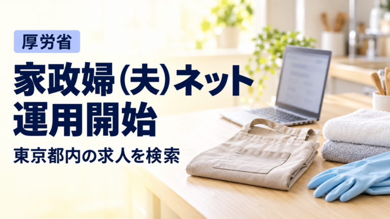 エプロン、タオル、手袋、ノートパソコンを置いた明るい室内を背景に、「厚労省」「家政婦（夫）ネット 運用開始」「東京都内の求人を検索」と表示したイメージ画像。
