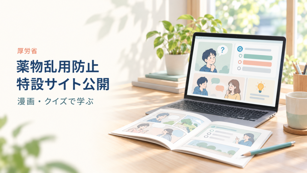 漫画やクイズをイメージしたノートパソコンと冊子を明るい机に配置し、「厚労省」「薬物乱用防止 特設サイト公開」「漫画・クイズで学ぶ」と表示した画像。