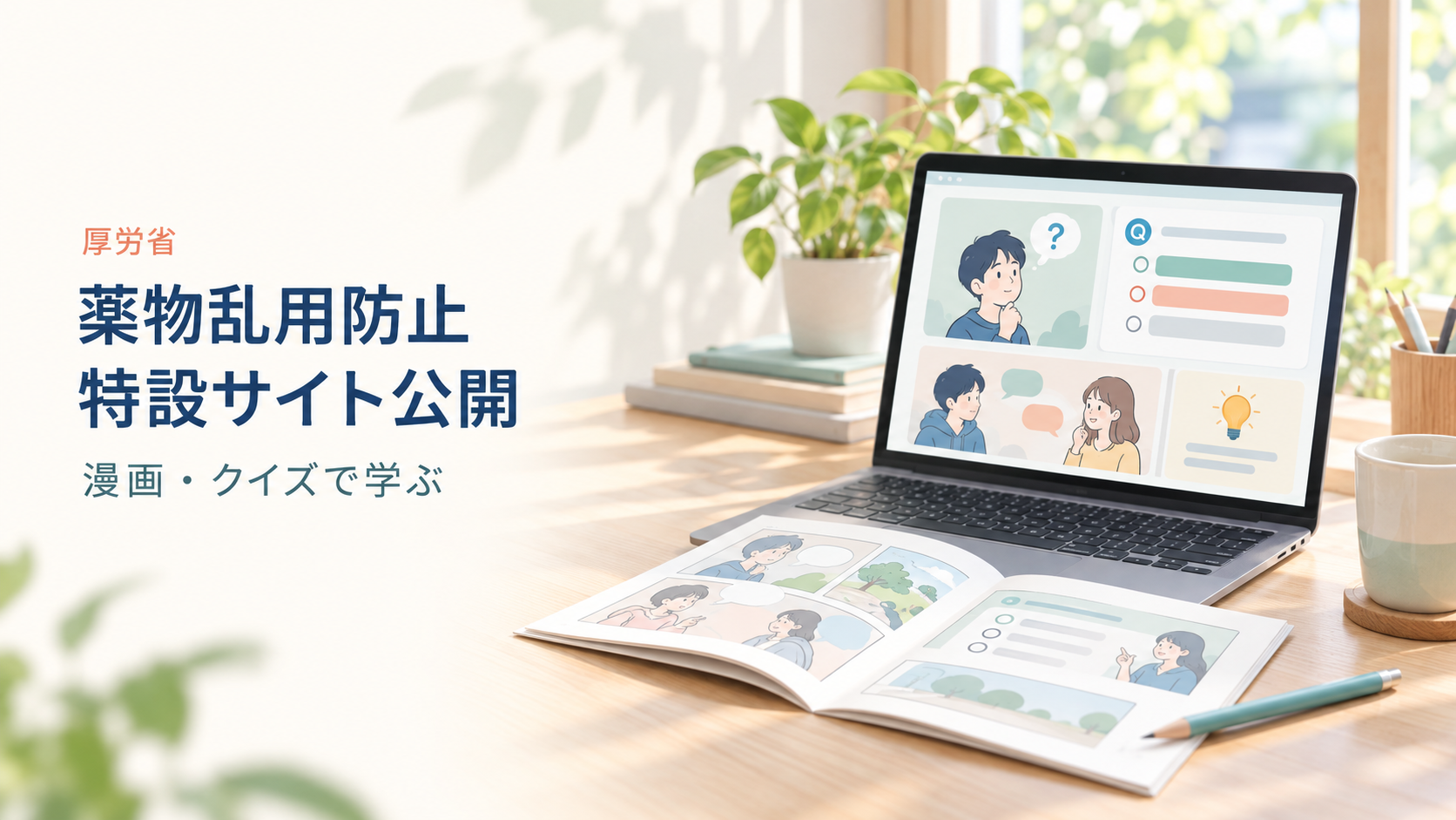 漫画やクイズをイメージしたノートパソコンと冊子を明るい机に配置し、「厚労省」「薬物乱用防止 特設サイト公開」「漫画・クイズで学ぶ」と表示した画像。
