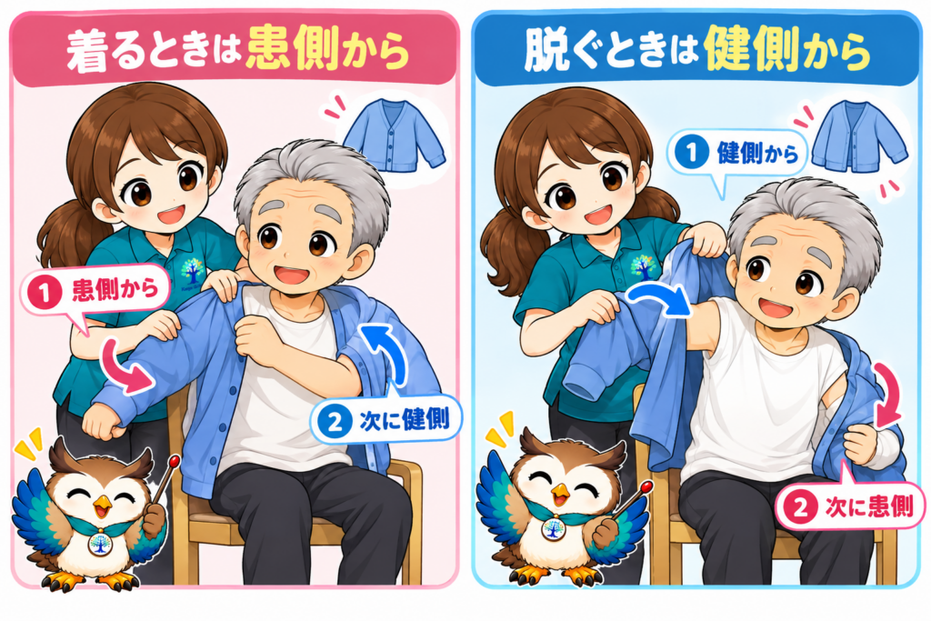 更衣介助の基本「脱健着患」を説明するイラスト。片麻痺がある高齢者の着替えについて、服を着るときは患側から、脱ぐときは健側から行う順番を解説。