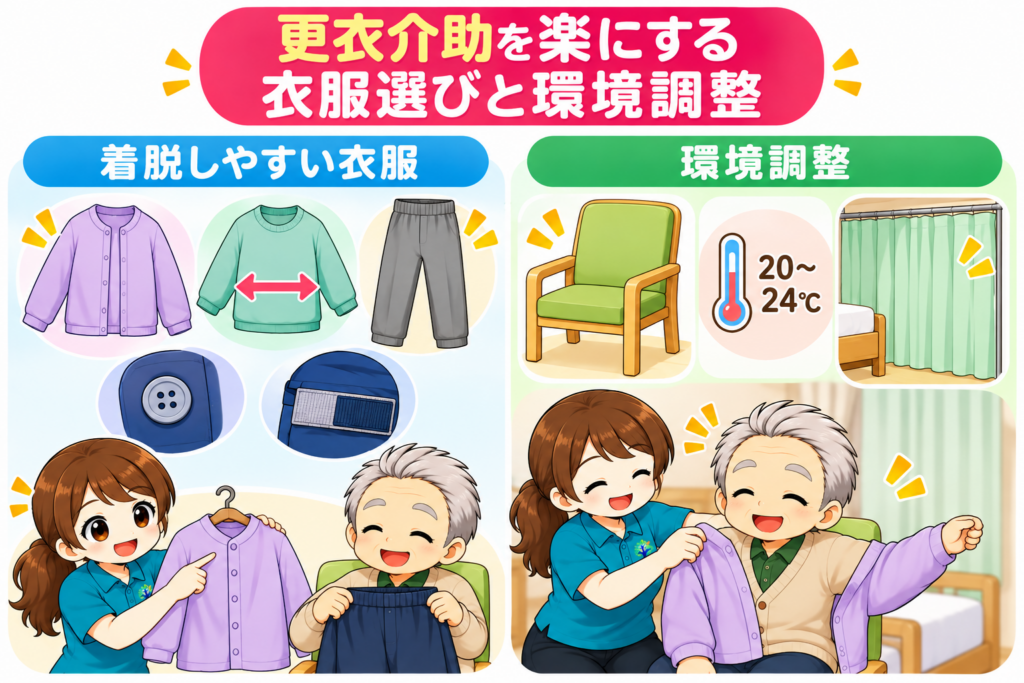 更衣介助を楽にする衣服選びと環境調整のイラスト。前開きの服や伸縮性のある衣服、ウエストゴムのズボン、安定した椅子、室温調整、プライバシーへの配慮を紹介。