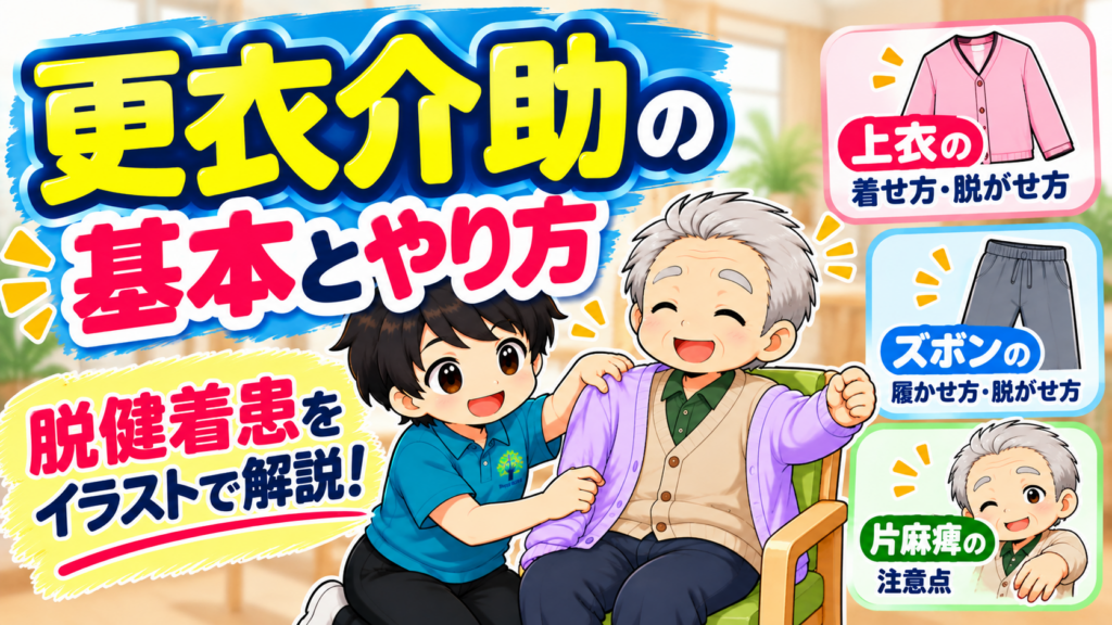 更衣介助の基本とやり方を解説するイラスト。脱健着患の原則をはじめ、上衣の着せ方・脱がせ方、ズボンの履かせ方・脱がせ方、片麻痺がある方への介助の注意点を紹介。