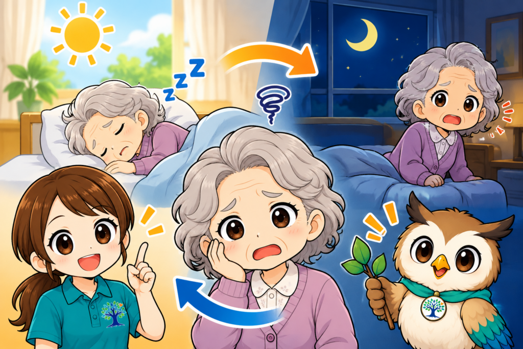 高齢者の昼夜逆転を表したイラスト。昼間は眠っている一方、夜になると目が覚めてしまう高齢女性と、生活リズムの乱れを説明する介護職員やフクロウのキャラクター。