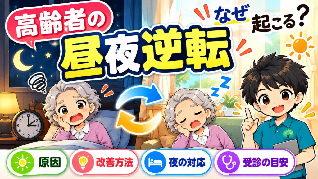 高齢者の昼夜逆転を解説するアイキャッチ画像。夜間に目が覚めて困っている高齢女性と、日中に眠っている様子を比較し、原因・改善方法・夜の対応・受診の目安を紹介するイラスト。