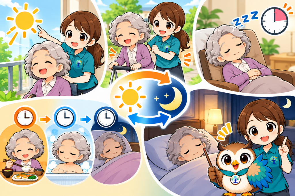 高齢者の昼夜逆転を改善するための対策を示したイラスト。朝の日光浴、日中の活動、昼寝の調整、規則正しい食事・入浴・就寝習慣、夜間の睡眠環境づくりを紹介。