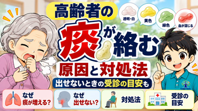 高齢者に痰が絡む原因や出せないときの対処法、受診の目安を解説するイラスト