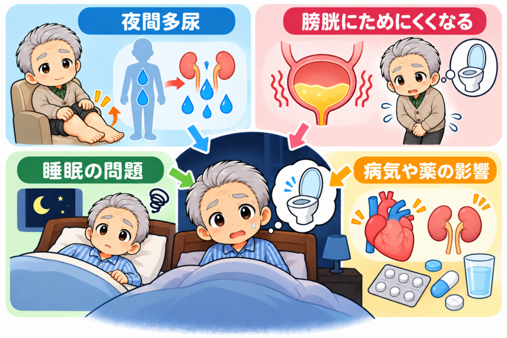 高齢者の夜間頻尿が起こる主な原因を解説したイラスト。夜間多尿、膀胱に尿をためにくくなること、睡眠の問題、病気や薬の影響の4つを図解。