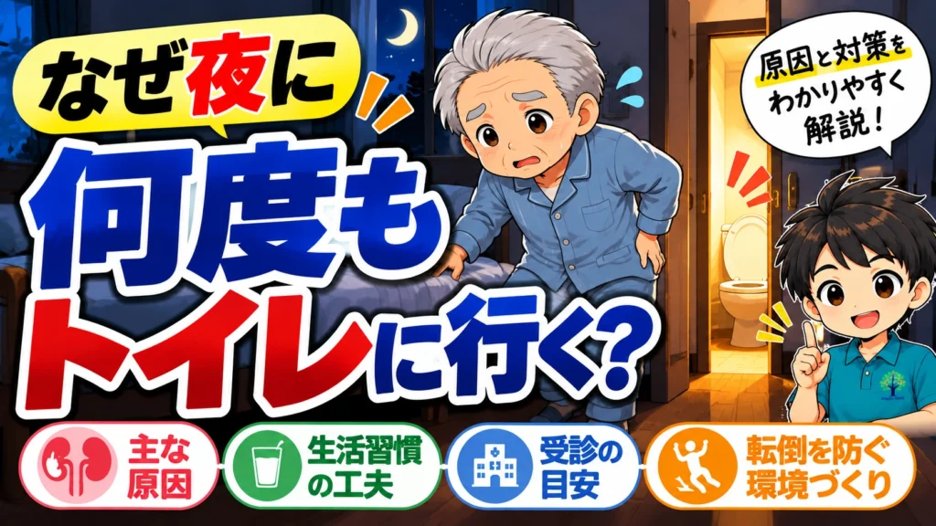 高齢者の夜間頻尿はなぜ起こるのかを紹介するアイキャッチ画像。夜中に何度もトイレへ行く高齢男性のイラストとともに、夜間頻尿の主な原因、生活習慣の見直し、受診の目安、夜間の転倒予防について解説。