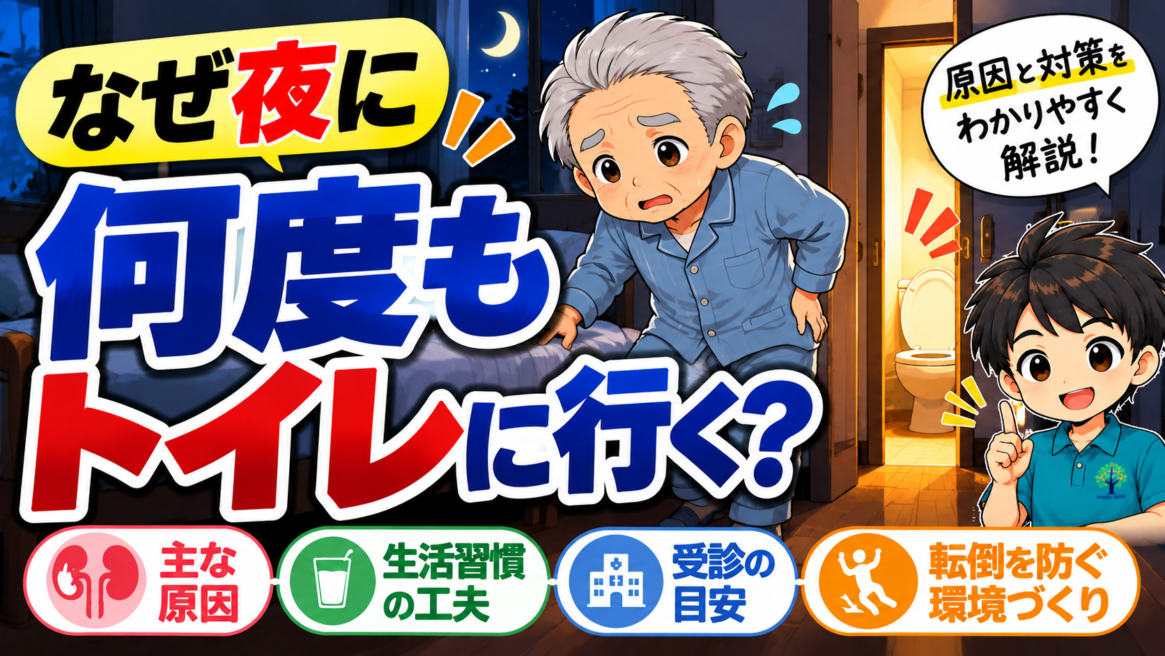 高齢者の夜間頻尿はなぜ起こるのかを紹介するアイキャッチ画像。夜中に何度もトイレへ行く高齢男性のイラストとともに、夜間頻尿の主な原因、生活習慣の見直し、受診の目安、夜間の転倒予防について解説。