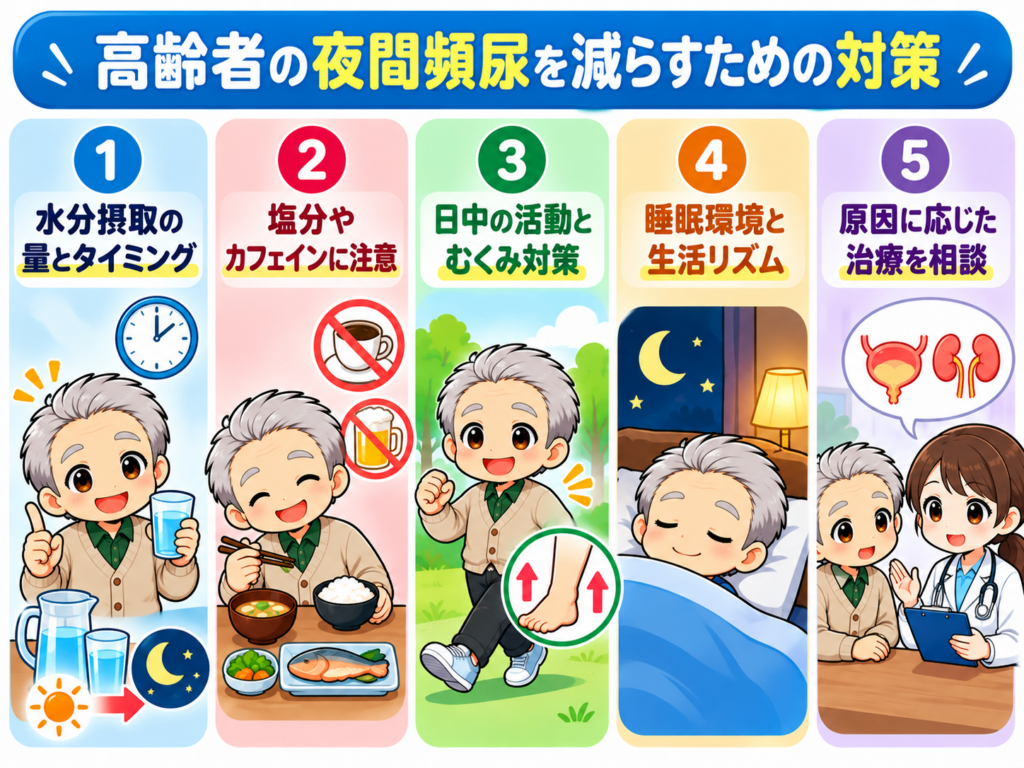 高齢者の夜間頻尿を減らすための5つの対策を紹介したイラスト。水分摂取の量とタイミング、塩分やカフェインへの注意、日中の活動とむくみ対策、睡眠環境の改善、医療機関への相談を図解。