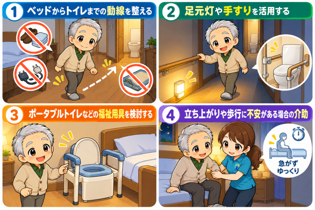 高齢者の夜間頻尿による転倒を防ぐための4つの環境調整を紹介したイラスト。ベッドからトイレまでの動線整理、足元灯や手すりの活用、ポータブルトイレの設置、立ち上がりや歩行時の介助を図解。