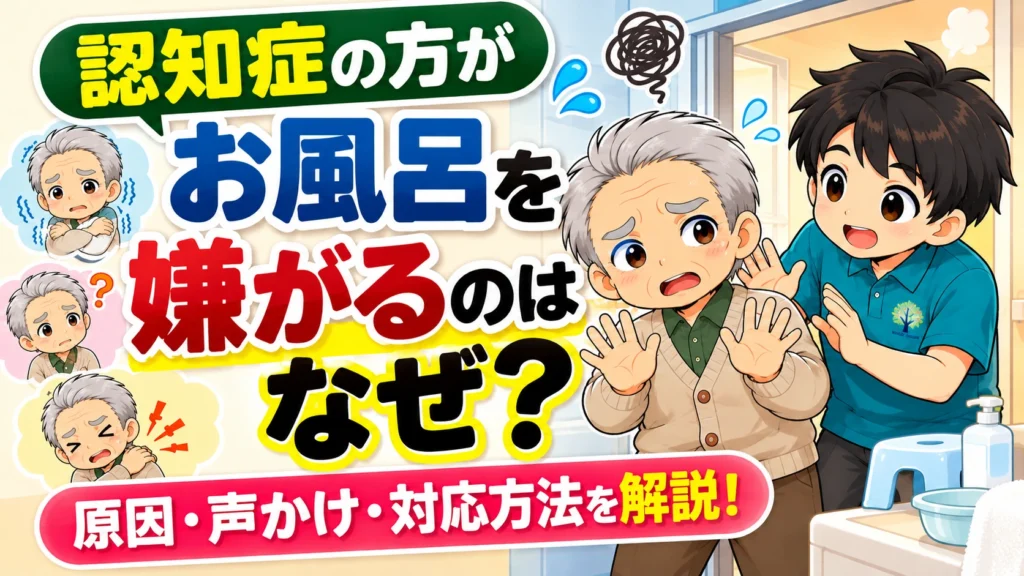 認知症の方がお風呂を嫌がる理由と入浴拒否への対応方法を解説するアイキャッチ画像。入浴を嫌がる高齢男性と声をかける介護職のイラストを使い、不安や恐怖、身体の痛みなどの原因、安心できる声かけや入浴介助の工夫を紹介。