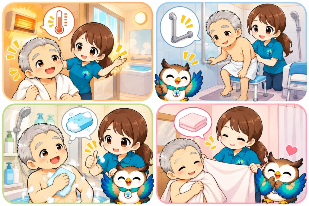 認知症の方の入浴拒否を減らすための環境調整と介助の工夫を紹介するイラスト。脱衣所や浴室の温度調整、手すりやシャワーチェアによる転倒予防、本人ができる洗身動作の尊重、タオルを使ったプライバシーへの配慮を4つの場面で解説。