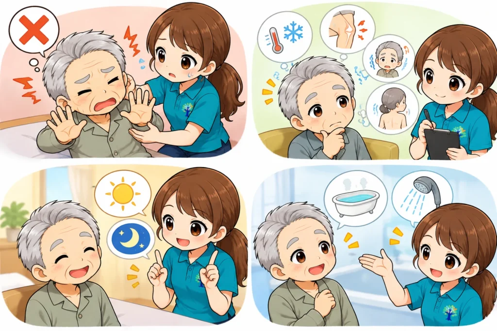 認知症の方が入浴を拒否するときの4つの対応方法を紹介するイラスト。無理に入浴させない、嫌がる理由を確認する、落ち着いている時間帯を選ぶ、本人の希望に合わせて入浴方法を選んでもらう工夫を解説。
