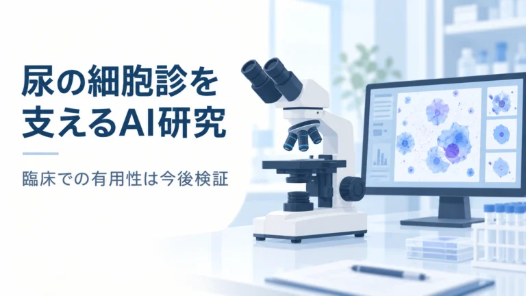 顕微鏡と細胞画像のモニターを配し、尿の細胞診を支えるAI研究と臨床での検証課題を示すイメージイラスト
