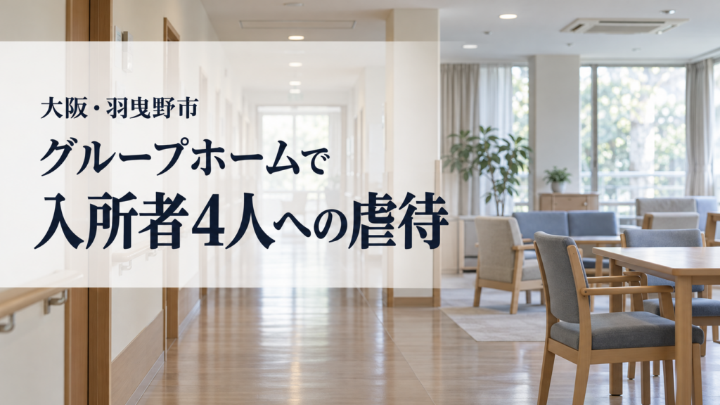大阪・羽曳野市のグループホームで入所者4人への虐待が認定されたニュースのサムネイル。実在の施設ではない室内イメージに記事の要点を表示
