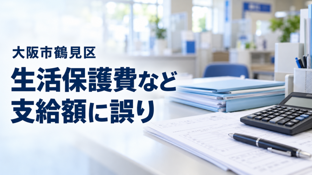 行政窓口を背景に、書類や電卓を置いた机の実写風イメージに、「大阪市鶴見区」「生活保護費など」「支給額に誤り」と記した画像。実際の区役所や対象者の書類を撮影した写真ではない。